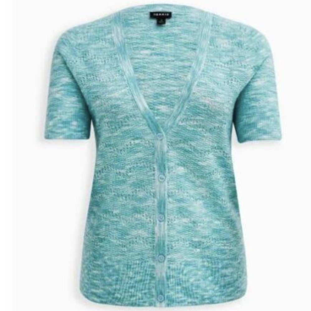 Torrid Pointelle Turquoise Short Sleeve Cardigan Sweater size 2 (2X) EUC